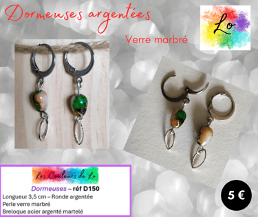Boucles dormeuses argentées verre marbré Les Couleurs de Lo