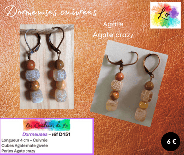 Boucles dormeuses cuivrées Agate crazy Agate mate givrée Les Couleurs de Lo