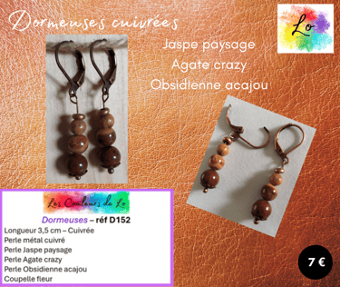 Boucles dormeuses cuivrées Jaspe paysage Agate crazy Obsidienne acajou Les Couleurs de Lo