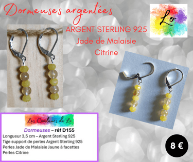 Boucles dormeuses Argent Sterling Jade de Malaisie jaune Citrine Les Couleurs de Lo