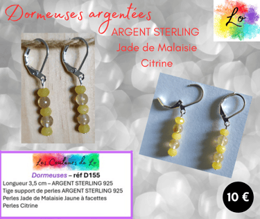 Boucles dormeuses Argent Sterling Jade de Malaisie jaune Citrine Les Couleurs de Lo