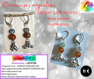 Boucles dormeuses Argent Sterling Jade persan Agate paon Les Couleurs de Lo