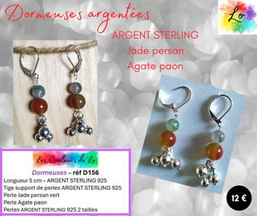 Boucles dormeuses Argent Sterling Jade persan Agate paon Les Couleurs de Lo
