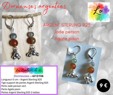 Boucles dormeuses Argent Sterling Jade persan Agate paon Les Couleurs de Lo