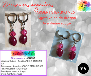 Boucles dormeuses Argent Sterling Agate sang du dragon Aventurine rouge Les Couleurs de Lo
