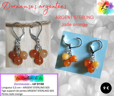 Boucles dormeuses Argent Sterling Jade orange Les Couleurs de Lo
