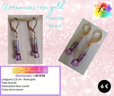 Boucles dormeuses rose gold Fluorite verre mauve Les Couleurs de Lo