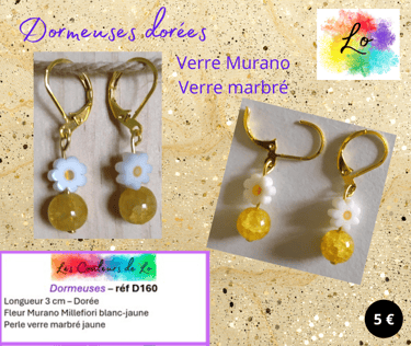 Boucles dormeuses dorées fleur Murano verre marbré jaune Les Couleurs de Lo