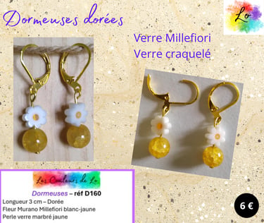 Boucles dormeuses dorées fleur Murano verre marbré jaune Les Couleurs de Lo