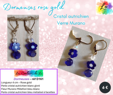 Boucles dormeuses rose gold fleur Murano bleu cristal autrichien bleu Les Couleurs de Lo