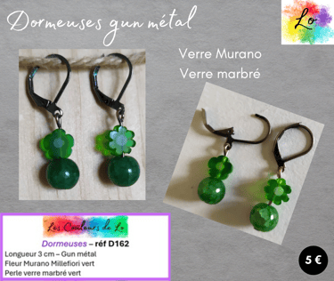 Boucles dormeuses gun métal fleur Murano verte verre marbré vert Les Couleurs de Lo