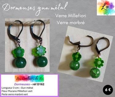 Boucles dormeuses gun métal fleur Murano verte verre marbré vert Les Couleurs de Lo