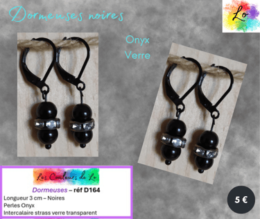 Boucles dormeuses noires Onyx strass verre transparent Les Couleurs de Lo