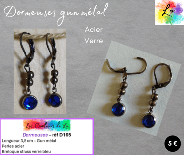Boucles dormeuses gun métal perles acier strass verre bleu Les Couleurs de Lo