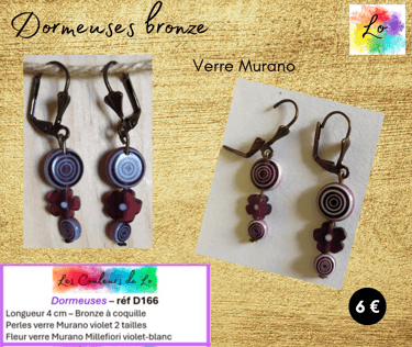 Boucles dormeuses bronze palets et fleur Murano violet Les Couleurs de Lo