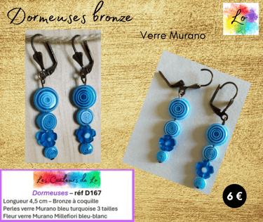 Boucles dormeuses bronze palets et fleur Murano turquoise Les Couleurs de Lo