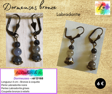 Boucles dormeuses bronze Labradorite coupelle bronze Les Couleurs de Lo