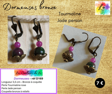 Boucles dormeuses bronze Tourmaline Jade persan coupelle bronze Les Couleurs de Lo
