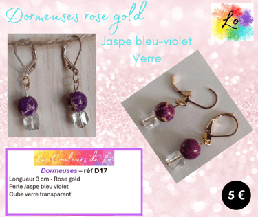Boucles dormeuses rose gold Jaspe bleu-violet verre transparent Les Couleurs de Lo