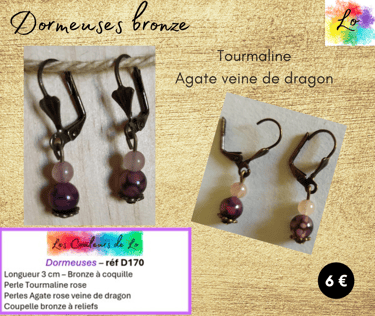 Boucles dormeuses bronze Tourmaline Agate veines du dragon coupelle bronze Les Couleurs de Lo