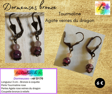 Boucles dormeuses bronze Tourmaline Agate veines du dragon coupelle bronze Les Couleurs de Lo