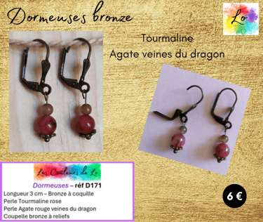 Boucles dormeuses bronze Tourmaline Agate rouge veines du dragon coupelle bronze Les Couleurs de Lo
