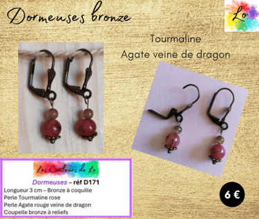 Boucles dormeuses bronze Tourmaline Agate rouge veines du dragon coupelle bronze Les Couleurs de Lo