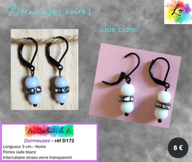 Boucles dormeuses noires Jade blanc strass verre transparent Les Couleurs de Lo