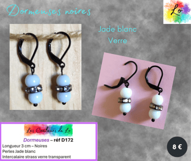 Boucles dormeuses noires Jade blanc strass verre transparent Les Couleurs de Lo