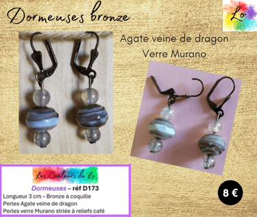 Boucles dormeuses bronze Agate veine de dragon verre Murano strié Les Couleurs de Lo