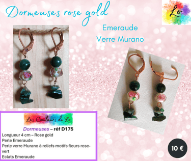 Boucles dormeuses rose gold Emeraude perle Murano à facettes rose-vert Les Couleurs de Lo