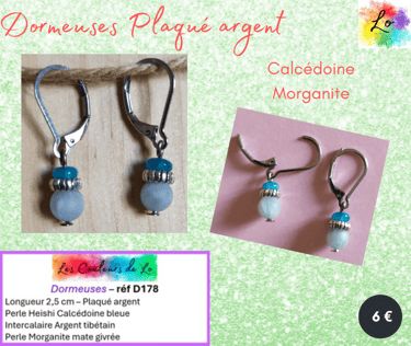 Boucles dormeuses Plaqué argent Calcédoine bleue Morganite Les Couleurs de Lo
