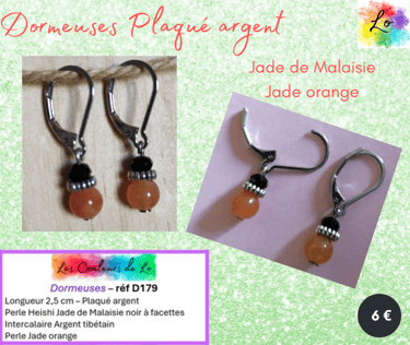Boucles dormeuses Plaqué argent Jade de Malaisie noir Jade orange Les Couleurs de Lo
