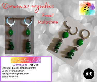 Boucles dormeuses argentées émail vert Malachite perle gravée Argent tibétain Les Couleurs de Lo