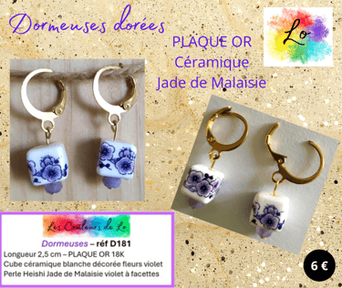 Boucles dormeuses Plaque or céramique Jade de Malaisie Les Couleurs de Lo