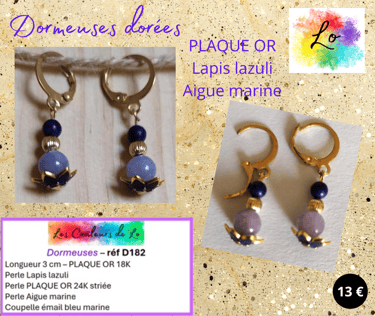 Boucles dormeuses Plaqué or Lapis lazuli Aigue marine Les Couleurs de Lo