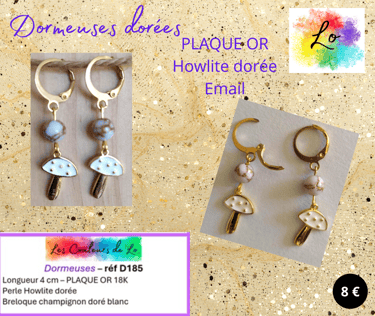 Boucles dormeuses Plaqué or Howlite dorée champignon émail blanc Les Couleurs de Lo