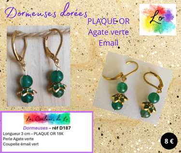 Boucles dormeuses Plaqué or Agate verte Les Couleurs de Lo
