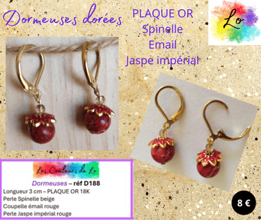Boucles dormeuses Plaqué or Spinelle émail rouge Jaspe impérial Les Couleurs de Lo