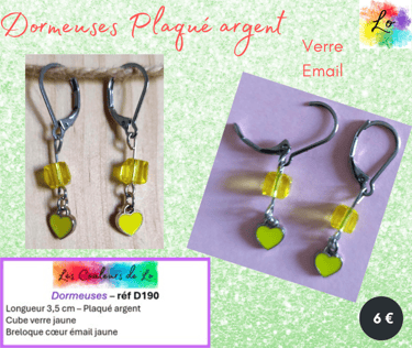Boucles dormeuses Plaqué argent verre jaune cœur émail jaune Les Couleurs de Lo