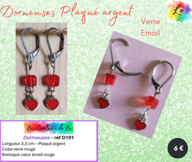 Boucles dormeuses Plaqué argent verre rouge cœur émail rouge Les Couleurs de Lo