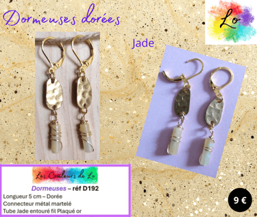 Boucles dormeuses dorées connecteur métal martelé Jade Les Couleurs de Lo