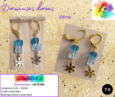 Dormeuses dorées cubes verre bleu flocon acier doré Les Couleurs de Lo