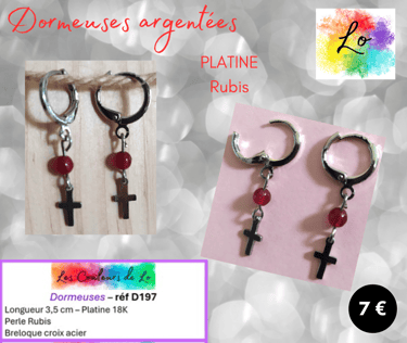 Boucles dormeuses Platine Rubis croix acier Les Couleurs de Lo