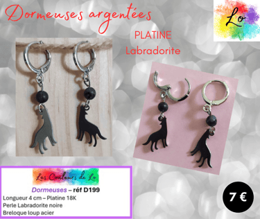 Boucles dormeuses Platine Labradorite noire loup acier Les Couleurs de Lo