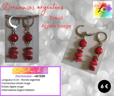 Boucles dormeuses argentées émail rouge Agate rouge perles Argent tibétain Les Couleurs de Lo