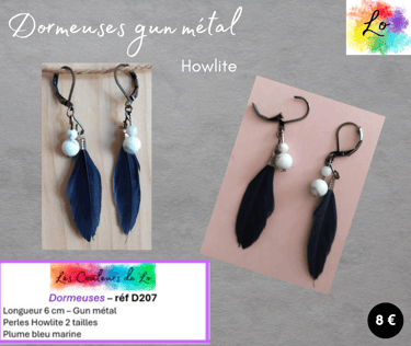 Boucles dormeuses gun métal Howlite plume bleu marine Les Couleurs de Lo