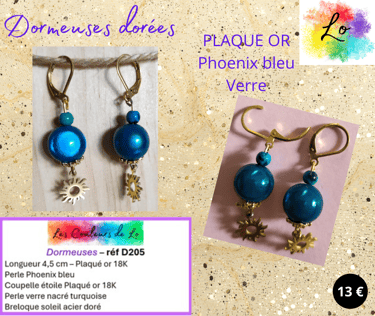 Boucles dormeuses Plaqué or Phoenix bleu verre turquoise soleil doré Les Couleurs de Lo