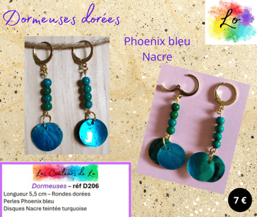 Boucles dormeuses dorées Phoenix bleu Nacre turquoise Les Couleurs de Lo