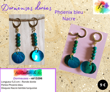 Boucles dormeuses dorées Phoenix bleu Nacre turquoise Les Couleurs de Lo